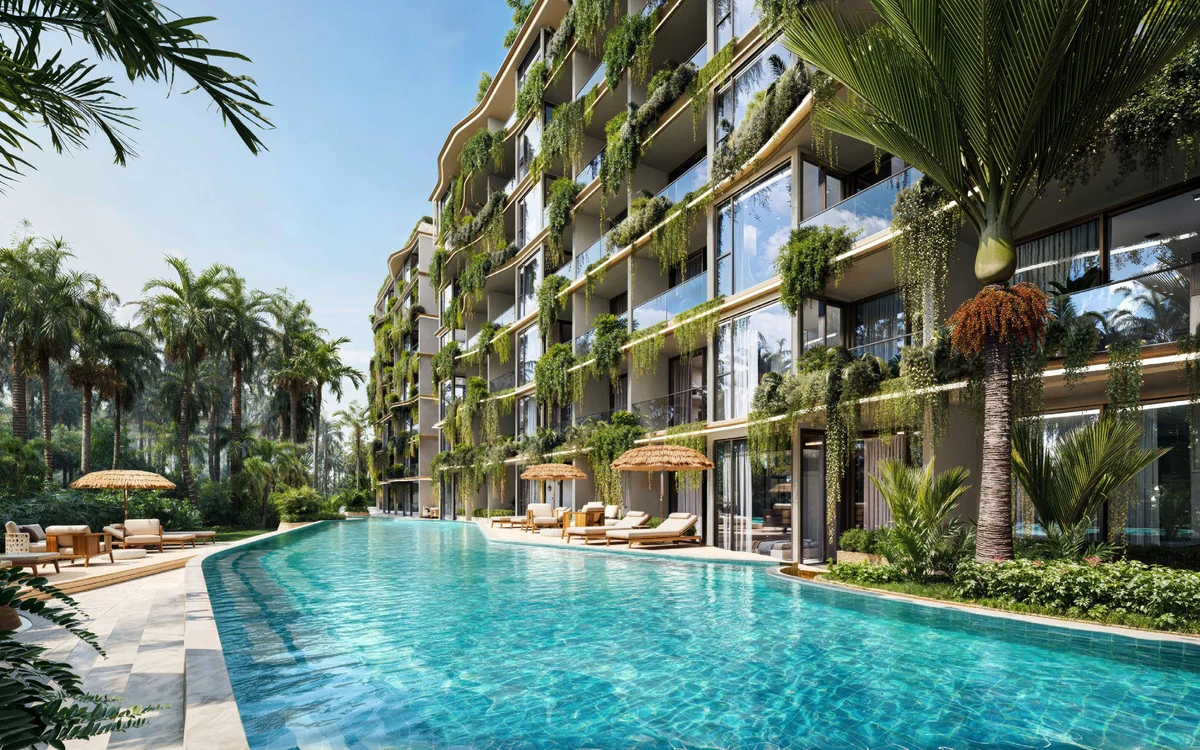 Sun Hills Lakeside residences overlooking a large tropical swimming pool