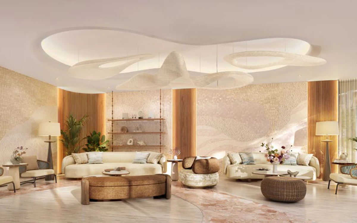 Rhea by Sansiri welcome lobby with warm natural materials and lounge seating