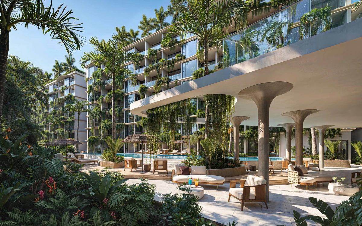 Sun Hills Lakeside tropical courtyard with shaded lounge areas